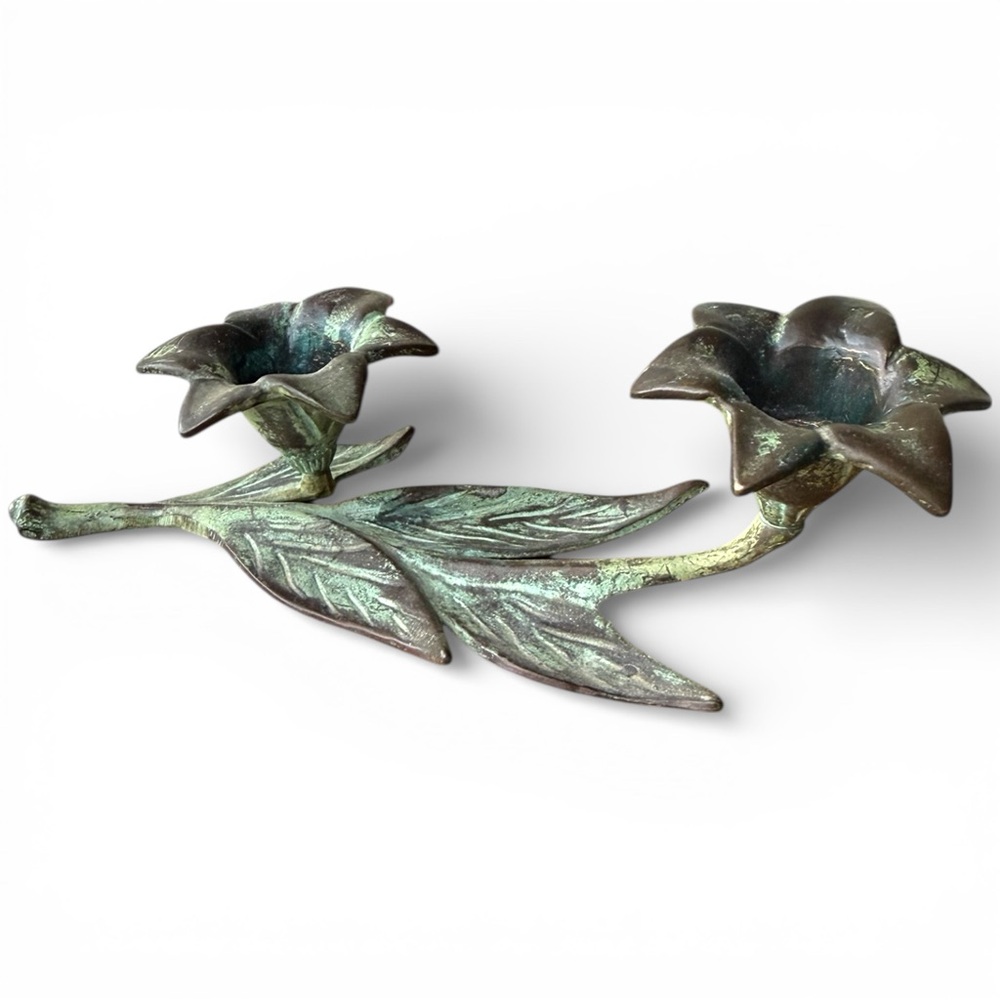 Vintage Floral Double Taper Candle Holder Candelabra Verdigris Green - Picture 3 of 3